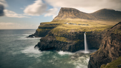 Norbert Gräf, View on Mullafossur Waterfall and Gasadalur village, Faroe Islands
