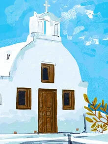 Wall art by Uma Gokhale: stylized Greek landscape with a church and greenery