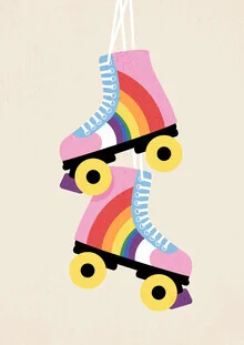 Illustration of roller skates with a rainbow in a cheerful, playful style