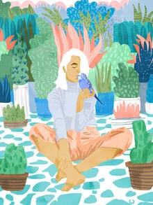 Illustration by Uma Gokhale: a loving bird in soft pastel colors