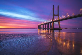 Photo art by Jean Claude Castor: Ponte Vasco da Gama at sunrise over the Tejo River.