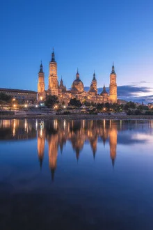 Photo art by Jean Claude Castor: Zaragoza Basilica del Pilar by the Ebro at blue hour