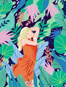 Illustration by Uma Gokhale: a woman in a tropical garden surrounded by botanical elements.