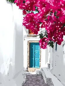 Wandbild von Uma Gokhale: farbenfrohes Gebäude mit Bougainvillea in Griechenland