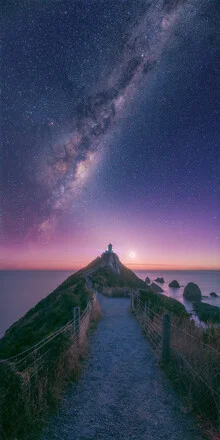 Photo art of Nugget Point Lighthouse beneath a clear night sky featuring the Milky Way.