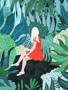 Illustration of a woman in a red dress, surrounded by tropical leaves in the jungle
