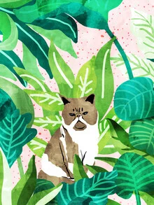 Wall art: cute cat among tropical plants in soft watercolors