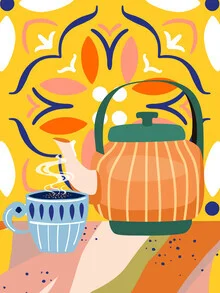 Wall art by Uma Gokhale: colorful kettle with pumpkin spice latte