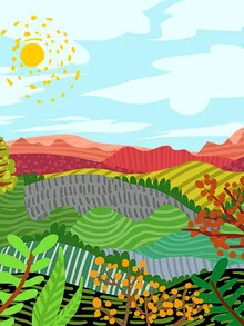 Wall art by Uma Gokhale: a lively scene featuring nature motifs.