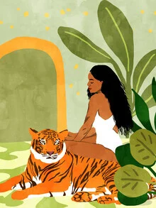 Illustration by Uma Gokhale: friendship between woman and tiger in an urban jungle.