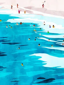 Colorful illustration of a beach scene with people swimming and relaxing in the water.