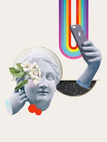 Wall art: colorful collage of a Greek goddess with smartphone and rainbow