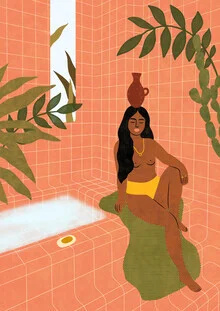 Illustration einer Frau im Badezimmer, die sich entspannt und Selbstpflege genießt.