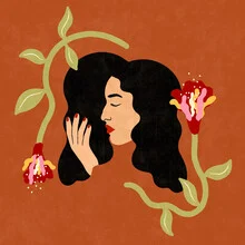 Illustration von Lemon Fee: Frauenumarmung umgeben von bunten Blumen.