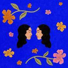 Illustration von Lemon Fee: Zwillingsporträt mit bunten Blumen im Hintergrund