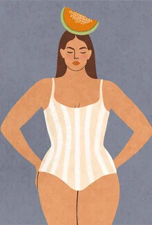 Illustration von Lemon Fee: eine Frau in Pastellfarben mit Melone am Meer