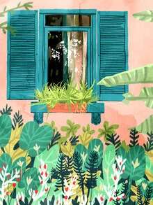 Wall art featuring tropical plants and a window: soft colors and a relaxed mood
