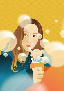 Illustration of a girl with bubble tea, dreamy expression, and cheerful mood.