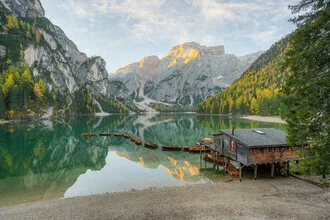 Photo art by Michael Valjak: serene Braies Lake on an autumn morning