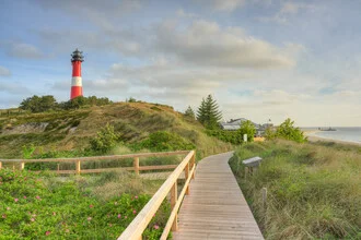 Photo art by Michael Valjak: Morning scene at the North Sea with dunes and lighthouse.