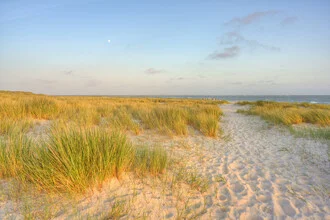 Fotokunst von Michael Valjak: Strand mit Dünen und Nordsee unter blauem Himmel.