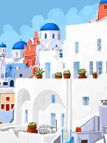 Wandbild von Uma Gokhale: bunte Illustration einer Sommerlandschaft in Santorini.