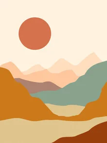 Illustration by Uma Gokhale: stylized mountains at sunset.