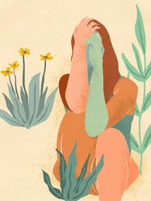 Illustration by Uma Gokhale: shy woman in pastel tones, calm and expressive