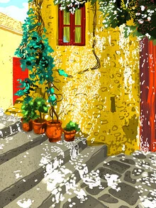 Wall art by Uma Gokhale: serene countryside with a stylish rustic house