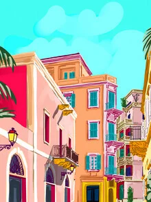 Colorful houses in Italy: cheerful illustration with vibrant colors and a bohemian style.