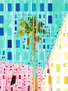 Illustration by Uma Gokhale: colorful tropical landscape featuring palm trees and a relaxing summer vibe