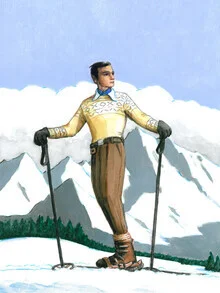 Illustration of a skier taking a break in the mountains by Sarah Morrissette.