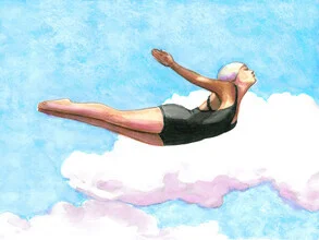 Illustration of a woman in a swimsuit diving into lavender clouds by Sarah Morrissette.