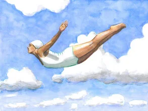 Illustration einer mutigen Frau, die in weiche Wolken springt, mit hellem Blau und nostalgischem Flair.