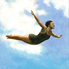 Illustration eines Hochspringers in Schwarz, dynamische Pose über einem Pool.