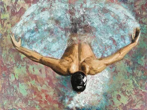 Illustration eines Schwimmers im Schmetterlingsstil mit schwarzer Kappe im Wasser