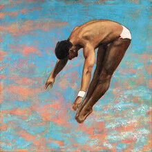 Illustration of a brave diver with a white wristband in turquoise water.