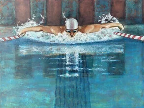 Illustration eines Schwimmers im Schmetterlingsstil mit weißer Kappe im Wasser.