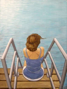 Illustration of a woman thoughtfully sitting by the water, surrounded by soft shades of blue.