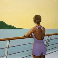 Illustration einer Frau, die einen ruhigen Sonnenuntergang auf einem Kreuzfahrtschiff genießt.