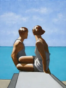 Wall art by Sarah Morrissette: couple on the beach under a clear sky.