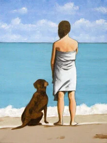 Illustration einer Frau mit Hund am Strand, entspannte Atmosphäre und sanfte Farben