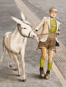 Illustration eines Jungen mit Esel, ländliche Szene in sanften Farben