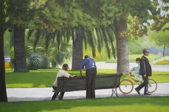 Illustration von Sarah Morrissette: Parkbank in einer ruhigen Wiese unter Bäumen