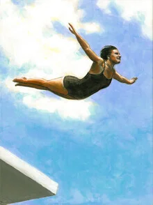 Illustration of a brave diver in black jumping into a deep blue sky.