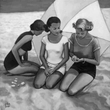 Illustration of beach umbrellas in soft colors, creating a relaxed atmosphere.