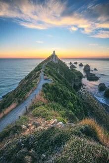 Photo art by Jean Claude Castor: golden light over Nugget Point Lighthouse in New Zealand.