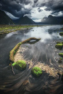 Serene fjord landscape in New Zealand, gentle waves during an incoming tide.