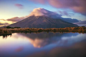 Photo art by Jean Claude Castor: calm morning at Mount Taranaki with water reflections