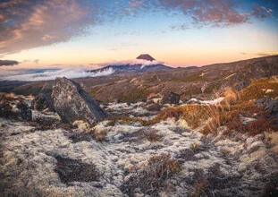 Panoramaaufnahme von Mount Ngauruhoe in Neuseeland bei Abendlicht.
